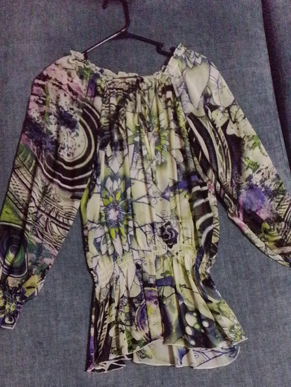 Printed Off-Shoulder Peasant Blouse in Green & Purple